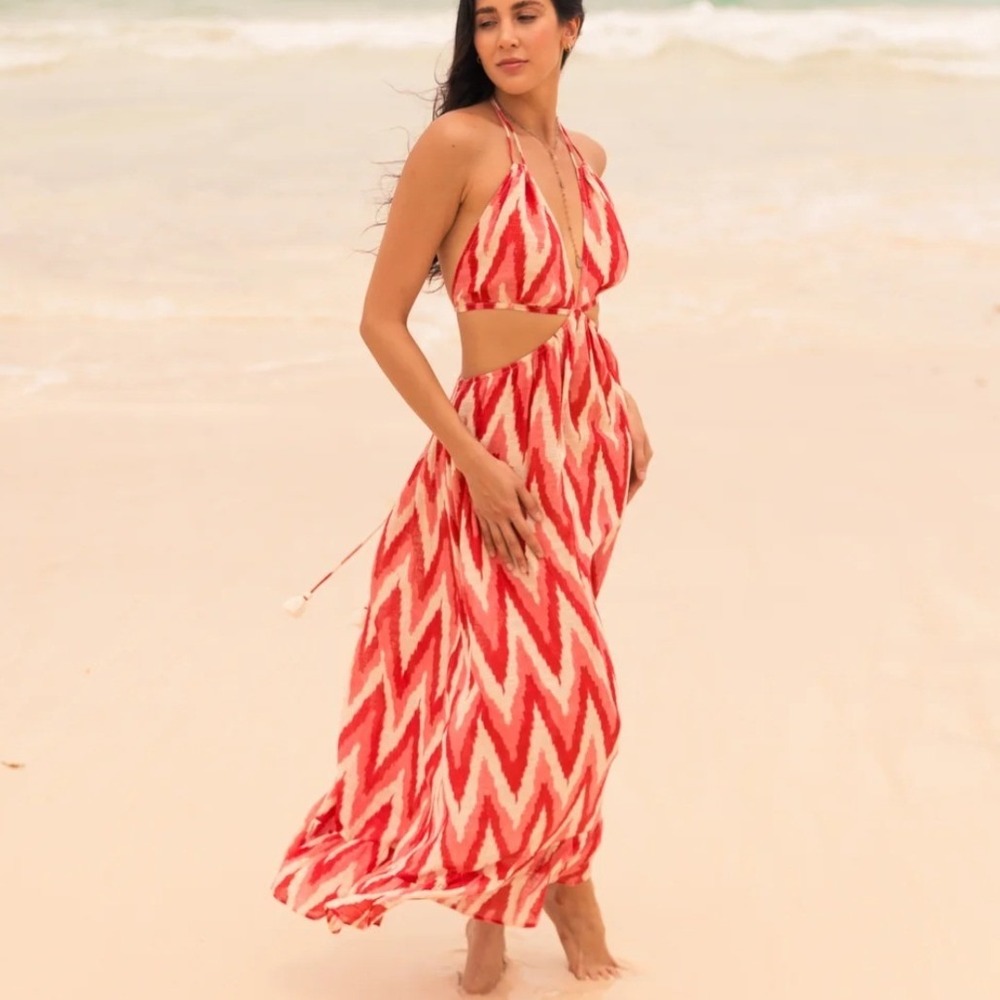 ZL Europe Red Sun Maxi Dress L Red Cutout Halter Tassel Resort NEW 100% Cotton